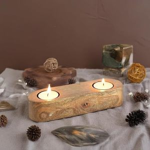Rustic Wooden Double <b>Tealight</b> Candle <b>Holder</b> Handmade Natural Wood Tea Light Stand Home Table Decor - Product Image 5