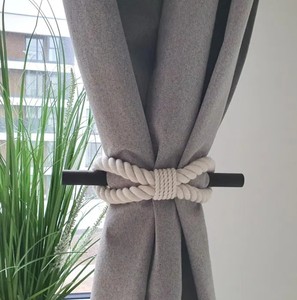 White Cotton Rope Curtain <b>Tieback</b> with Wenge Wood Pin – Rustic Boho Farmhouse Decor - Product Image 2