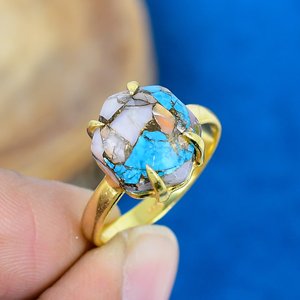 Natural Pink Opal Copper Turquoise Hexagon Shape Gemstone <b>Ring</b> 18k Gold Micron Over <b>925</b> Sterling <b>Silver</b> - Product Image 1