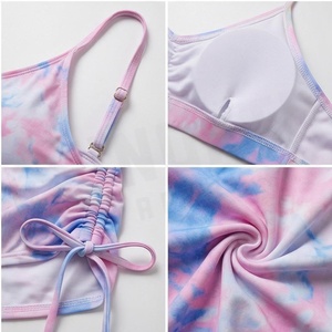 Conjunto de 2 piezas tie-dye para mujer, top corto fruncido y shorts, traje de baño bikini de licra y poliéster, estilo halter. - Product Image 4