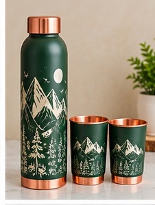 Silver Insulated <b>Water</b> <b>Bottle</b> With Copper Base And Two Hammered <b>Metal</b> Cups Portable Eco Friendly Drinkware Set - Product Image 3