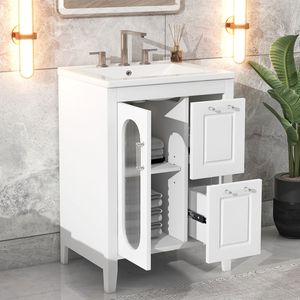 Mobile da Bagno in Legno Massello e MDF da 24 Pollici con Lavabo, Due Cassetti, Ripiano Regolabile, Finitura Bianca - Product Image 5