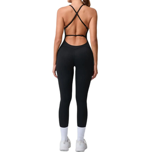 Combinaison de yoga sans couture à taille haute, col rond, bretelles doubles, coupe longue, découpes, en Spandex/Polyester, séchage rapide, ensemble 2 pièces - Product Image 2
