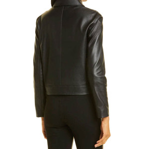 Blouson de motard en cuir véritable pour femme, col rabattu, fermeture éclair, manches longues, coupe courte, vêtement d'extérieur pour moto - Product Image 2