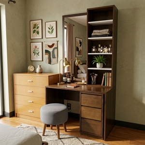 Minimalist Solid Wood Dressing Vanity Station <b>Tall</b> Mirror Vertical Storage Shelves 3 <b>Drawer</b> Cabinet Round Stool Set Furniture - Product Image 5