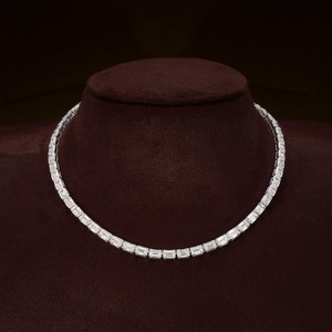 Sterling Silver Rhodium Plated Moissanite Emerald Cut Tennis <b>Necklace</b> Iced Chain Hip Hop Bling <b>Statement</b> Jewelry - Product Image 1