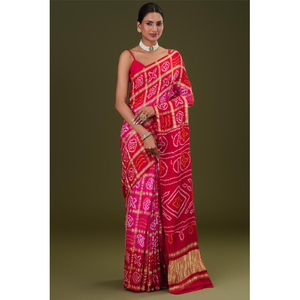 Sari Tradicional Hecho a Mano de Seda Gajji Ghatchola Bandhani con Trabajo Zari - Product Image 1