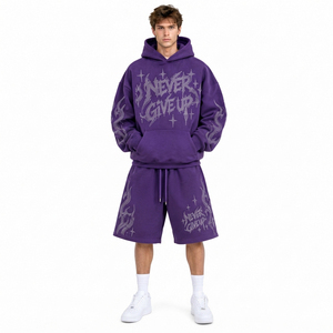 Conjunto de Sudadera con Capucha y Pantalones Cortos para Hombre, Estilo Urbano, con Estampado de Diamantes de Imitación, Talla Grande, de Forro Polar Grueso - Product Image 3