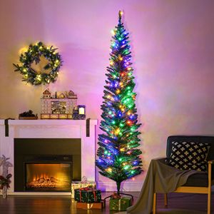 7ft Tall Pencil Prelit Artificial Christmas <b>Tree</b> with 499 Branches and 180 Colorful <b>LED</b> Lights Steel Base Green Holiday Decor - Product Image 1