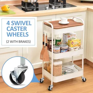Modern Metal <b>Storage</b> <b>Cart</b> with Wooden Top 3-Tier Rolling Trolley for Kitchen Living Room Organization - Product Image 4