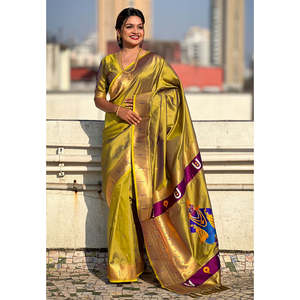 Mehendi Green Zari Woven Vitthala God Traditional Paithani Silk Saree Special <b>Indian</b> & <b>Pakistani</b> <b>Clothing</b> - Product Image 4