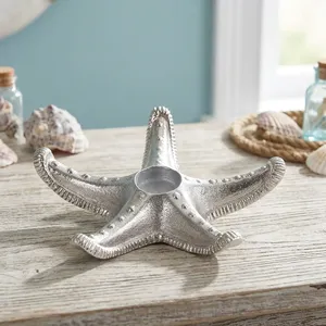 Porte-bougie en aluminium argenté en forme d'étoile de mer, support décoratif en métal inspiré de l'océan, ornement de table côtier pour maison de plage - Product Image 6