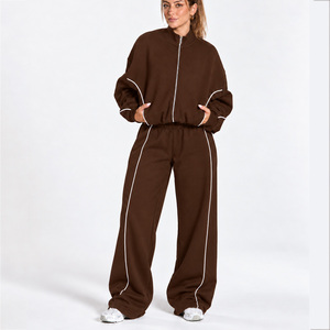 OEM <b>Women's</b> Contrastline Full Zip Tracksuit Two Piece Casual Outfit Relaxed <b>Jacket</b> And Wide Leg Pants Matching Apparel Set - Product Image 1