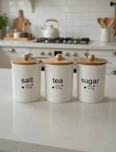 Ensemble de boîtes à café, sucre et thé en acier inoxydable de qualité alimentaire, personnalisables, hermétiques, avec couvercle en bois, design moderne et minimaliste - Product Image 6