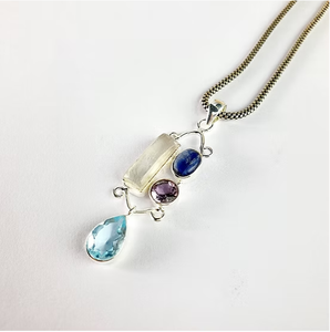 Mixed Gemstone Set 925 <b>Sterling</b> <b>Silver</b> Geometric Vertical Pendant Handmade <b>Wire</b> Scrollwork Jewelry Best For Gift - Product Image 4