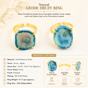 Natural Blue Agate Druzy Gemstone <b>Adjustable</b> <b>Rings</b> 18k Gold Plated Brass Trendy Unique Style Women Fashion Jewelry Gift Her - Product Image 1