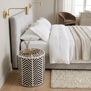 Modern Velvet Wooden Bone Inlay <b>Stool</b> White Finish Accent Ottoman <b>Adjustable</b> Height Storage Side Table for Bedroom Living Room - Product Image 2