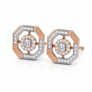 Pendientes de Oro Rosa con Diamantes, Corte Brillante Redondo, Diseño Geométrico de Halo, Joyería Fina de Lujo para Mujer - Product Image 5