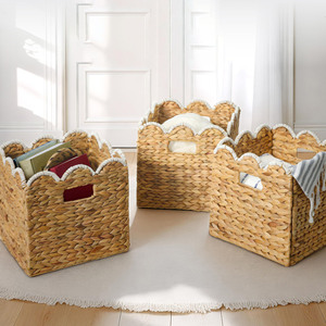 Timeless Decorative Water Hyacinth Basket Woven Organizer Basket Scalloped Storage <b>Bin</b> Ideal For Pantry Shelf Organization - Product Image 3