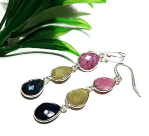 925 Sterling Silver Multi <b>Sapphire</b> Gemstone Dangle <b>Earrings</b> <b>Blue</b> Yellow Pink Teardrop Bohemian Style Wedding Engagement Party - Product Image 3