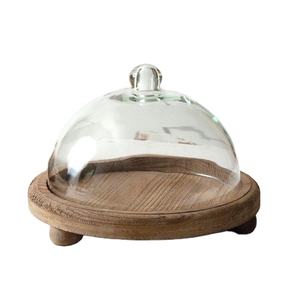 Low profile <b>glass</b> <b>cake</b> <b>dome</b> with wooden feet base modern dessert cover display for kitchen counter table low height simple look - Product Image 1