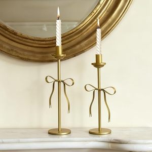 Metal Bow Gold Candlestick Holders Set of 2 Weighted Metal Bow Taper <b>Candle</b> Holders Vintage <b>Candle</b> <b>Stick</b> Holder - Product Image 3