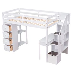 Letto a soppalco bianco singolo con cassetti contenitore, scrivania e scale, in legno, con mensole, per bambini - Product Image 3