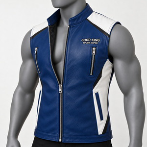 <b>Men's</b> Autumn Blue <b>White</b> Leather Biker Style <b>Vest</b> Stand Collar Sleeveless Zip Waistcoat Contrast Shoulder Side Panels Chest Zip - Product Image 3