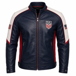 Blouson Bomber Moto en Cuir Bleu Marine pour Homme avec Logo Personnalisé, Patch Drapeau Américain, Col Montant Décontracté – Vente en Gros - Product Image 1