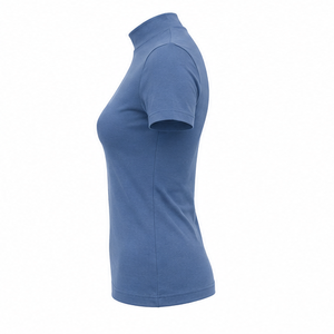 T-shirt personnalisé bleu ardoise pour femme, coupe ajustée, col montant, manches courtes, en jersey de coton peigné lisse - Product Image 4