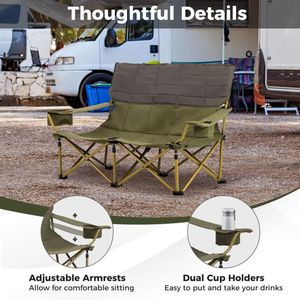 Green Oversized Folding Loveseat Camping <b>Chair</b> with Cup Holders & Thick Padding for Outdoor Camping Furniture - Product Image 6