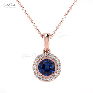 Nouvel Arrivage – Pendentif Authentique en Saphir Bleu Taille Brillant 4mm, Or Massif 14K avec Diamants, Fournisseur en Gros - Product Image 2