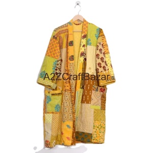 Chaqueta Kimono Kantha Elegante, Acolchada, Estampada a Mano, de Algodón, Ropa Festiva Elegante, Transpirable, Cuello en V Largo, Cierre con Cordón, Estampado Floral - Product Image 1