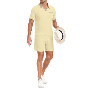 Conjuntos de Shorts Casuales de Verano para Hombre, Color Sólido, Poliéster y Algodón, Camiseta de Manga Corta con Cuello Alto, Transpirable, Trajes Deportivos de 2 Piezas - Product Image 4
