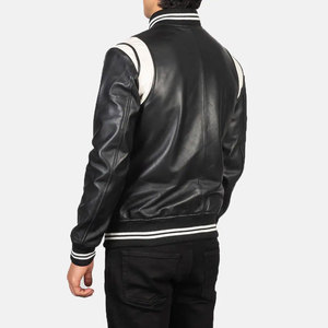 Veste universitaire en cuir PU pour homme, couleur noire unie, col rabattu, manches régulières, style décontracté d'automne - Product Image 2
