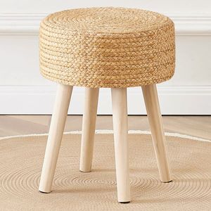 Solid Wood Ottoman Footstool with Natural Seagrass Weave Hyacinth Footrest Step Stool Handmade Outdoor Furniture Hyacinth Leg - Product Image 1