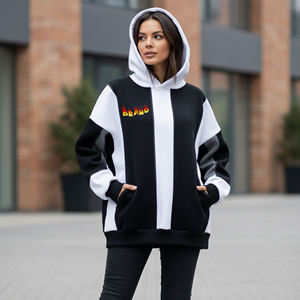 Sudadera con Capucha Extra Grande Personalizada para Mujer, Diseño Color Block, Logotipo Estampado en la Parte Delantera, Bolsillos, Manga Larga, Tejido de Algodón, Ropa de Otoño - Product Image 1