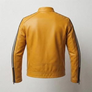 Blouson moto en cuir véritable jaune moutarde pour homme, col montant, fermeture éclair, coupe ajustée, longueur standard, pour l'automne - Product Image 4