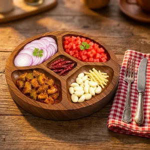 Wooden Kitchen Preparation <b>Tray</b> with 5 Compartments Vegetable Chopping Board Masala <b>Spice</b> Organizer Dry Fruit Snack Serving <b>Tray</b> - Product Image 2