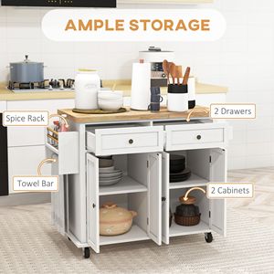 Carrello da Cucina Moderno Bianco con Piano in Robusto MDF di Quercia e Legno di Gomma, Porta Spezie/Asciugamani e Cassetti Contenitore per Sala da Pranzo - Product Image 4
