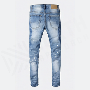 Jean en denim déchiré et délavé coupe slim pour homme, jambe droite, en coton, style décontracté bleu printanier - Product Image 2
