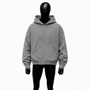 Sudadera con Capucha Gris Premium para Hombre, con Cierre de Cremallera, Diseño de Puntos de Diamantes de Imitación, Corte Regular, Chaqueta Casual de Forro Polar para Otoño - Product Image 1