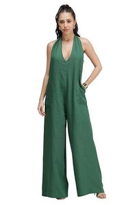 Mono verde sin mangas con cuello halter para mujer, transpirable, de cintura alta, pierna ancha, ajuste holgado, largo completo, color liso, casual, primavera-verano - Product Image 1