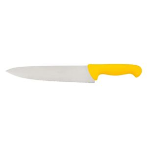 Couteaux de cuisine à lame dentelée jaune avec poignée argentée et protège-doigts incurvé pour trancher le pain et préparer les aliments - Product Image 1