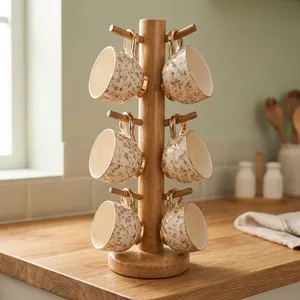 Wooden Cup <b>Stand</b> & Cup <b>Holder</b> Mango Wood <b>Mug</b> Tree with 6 Metal Hooks Sturdy Heavy Round Base Tea Coffee Cup Organizer - Product Image 4