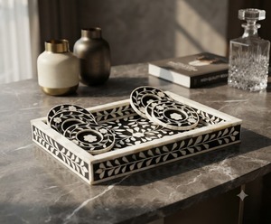 Juego de Bandejas y Posavasos con Incrustaciones de Hueso, Plato de Servir Geométrico Floral, Vajilla Decorativa para el Hogar y Restaurantes - Product Image 2