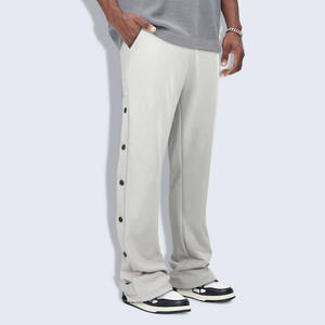Pantalon de survêtement gris clair pour homme, taille élastique, boutons latéraux, décontracté, en coton tricoté mi-lourd et respirant, style automne - Product Image 3