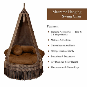 Boho Macrame <b>Hammock</b> Chair Handmade Brown Cotton Woven Hanging <b>Swing</b> Chair for Indoor Outdoor Balcony Living Room (72"X33") - Product Image 5
