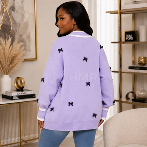 Cardigan en acrylique tricoté lavande HMR Sisterhood Sorority avec décorations de nœuds noirs, manches longues, col en V, style doux pour femmes - Product Image 4