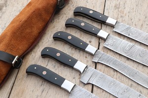 Ensemble de couteaux de cuisine en acier Damas, 5 pièces, manche noir, couteaux artisanaux à pointe tombante - Product Image 2